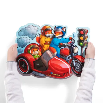 Wooden Inset Board Puzzle "Fox Cubs on a Motorcycle"