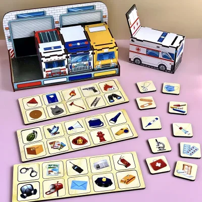 Wooden Drawer Sorter "Service Vehicles" - educational toy for ages 3+