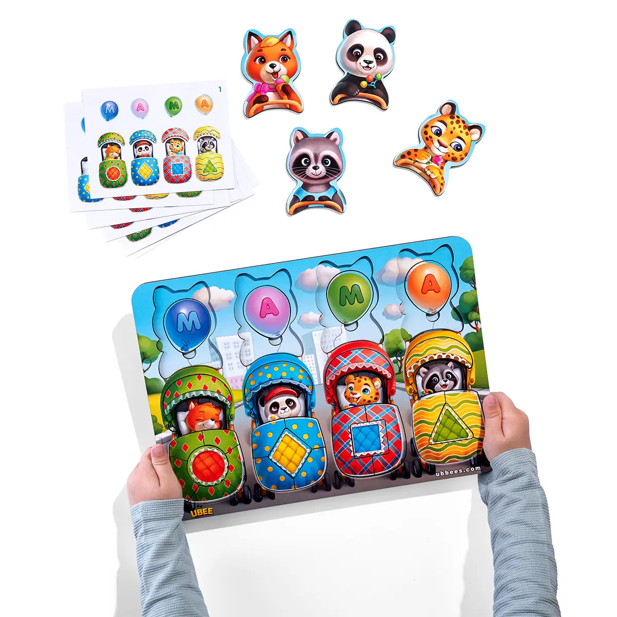 Дерев'яна вкладка-сортер "Звірі у візках". (Розвиваючі ігри для дітей)