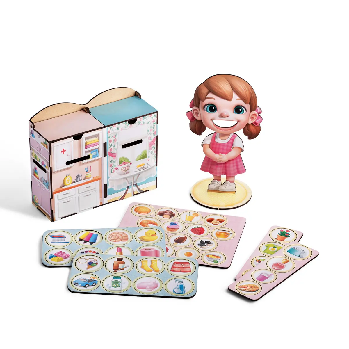 Дерев'яний комодик-сортер "Їстівне-неїстівне". Розвиваюча гра для малят