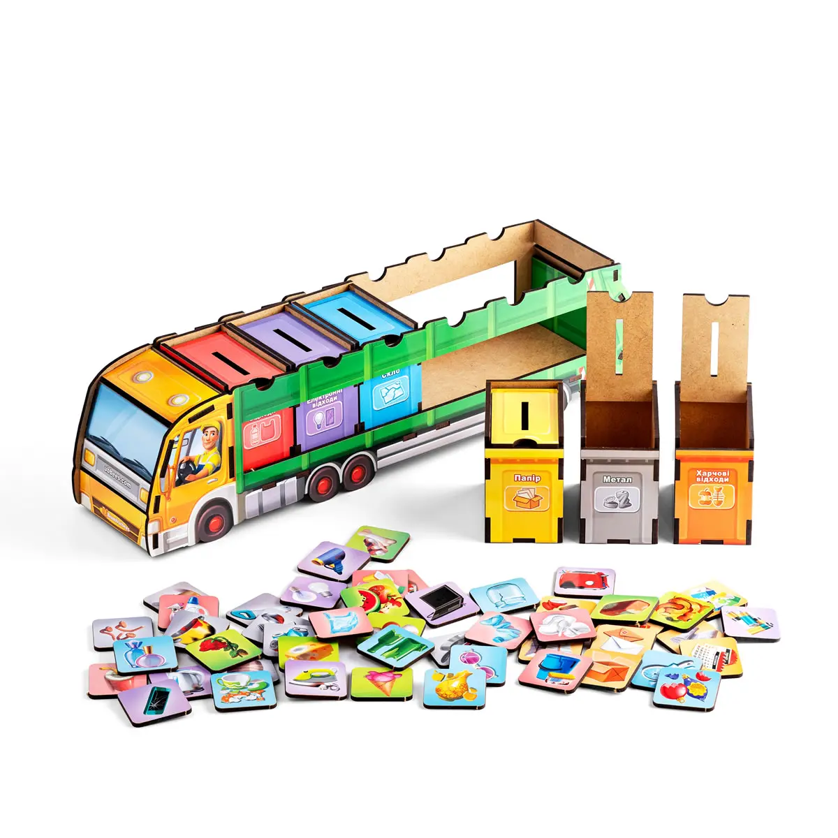 Комодик Сортер  "Сортування сміття: Сміттєвоз" (Дерев'яні пазли для гри з дітьми)