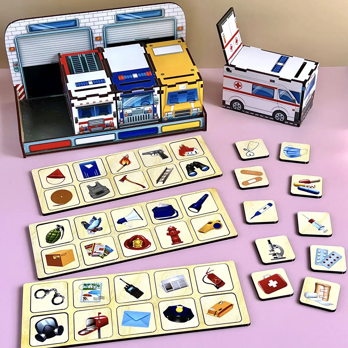 Дерев'яний сортер - комодик "Службовий транспорт". Розвиваюча гра для дітей від 3 років