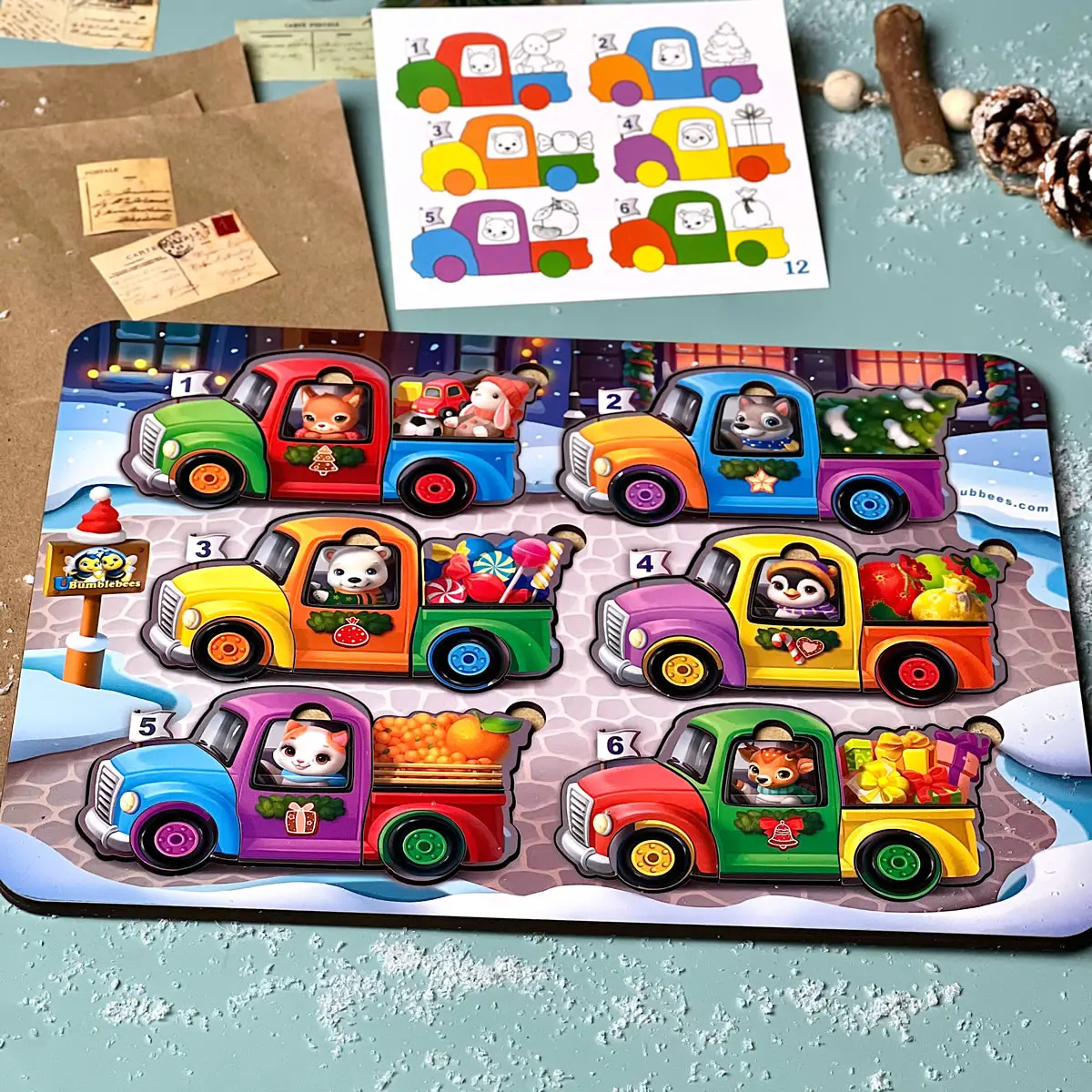 Дитяча розвиваюча гра картками "Тварини на машинках" (Дерев'яні пазли-вкладки)