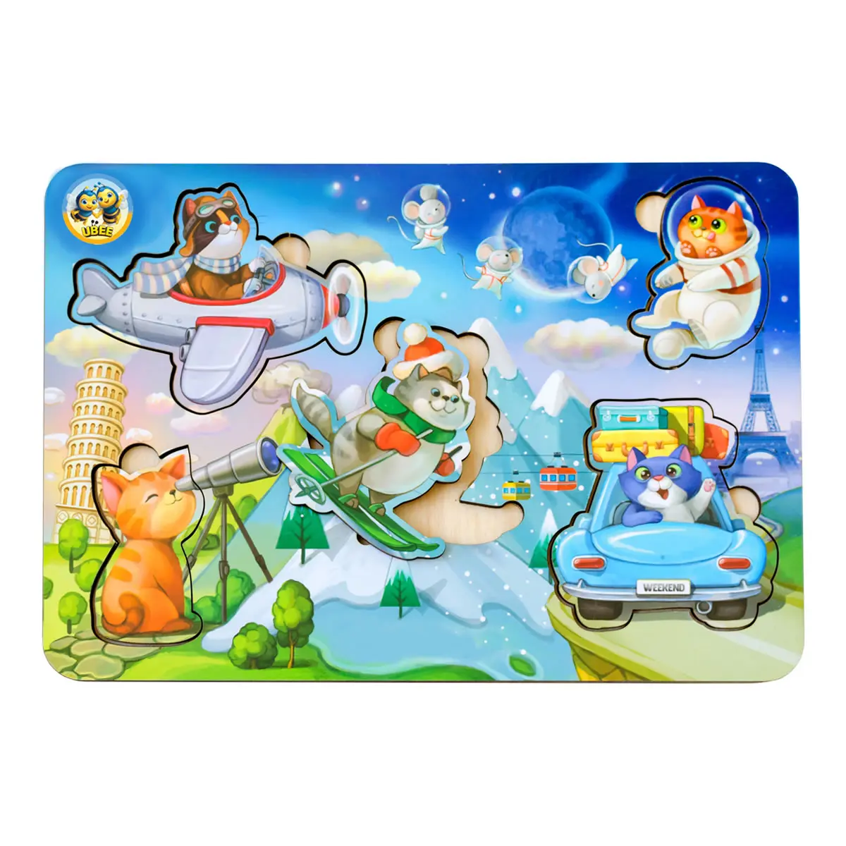 Дерев'яна рамка-вкладаш Котики – 2 (з космонавтом). Розвивашка для дітей