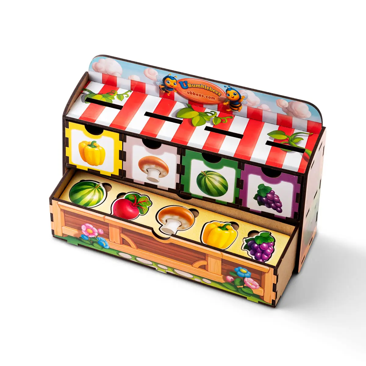 Дитяча розвиваюча гра Комодик - Рахунок -1 (перець, буряк, часник, капуста, лимон, виноград, арбуз і гриб) + 7 плашок для рахунку (Дерев'яний сортер)