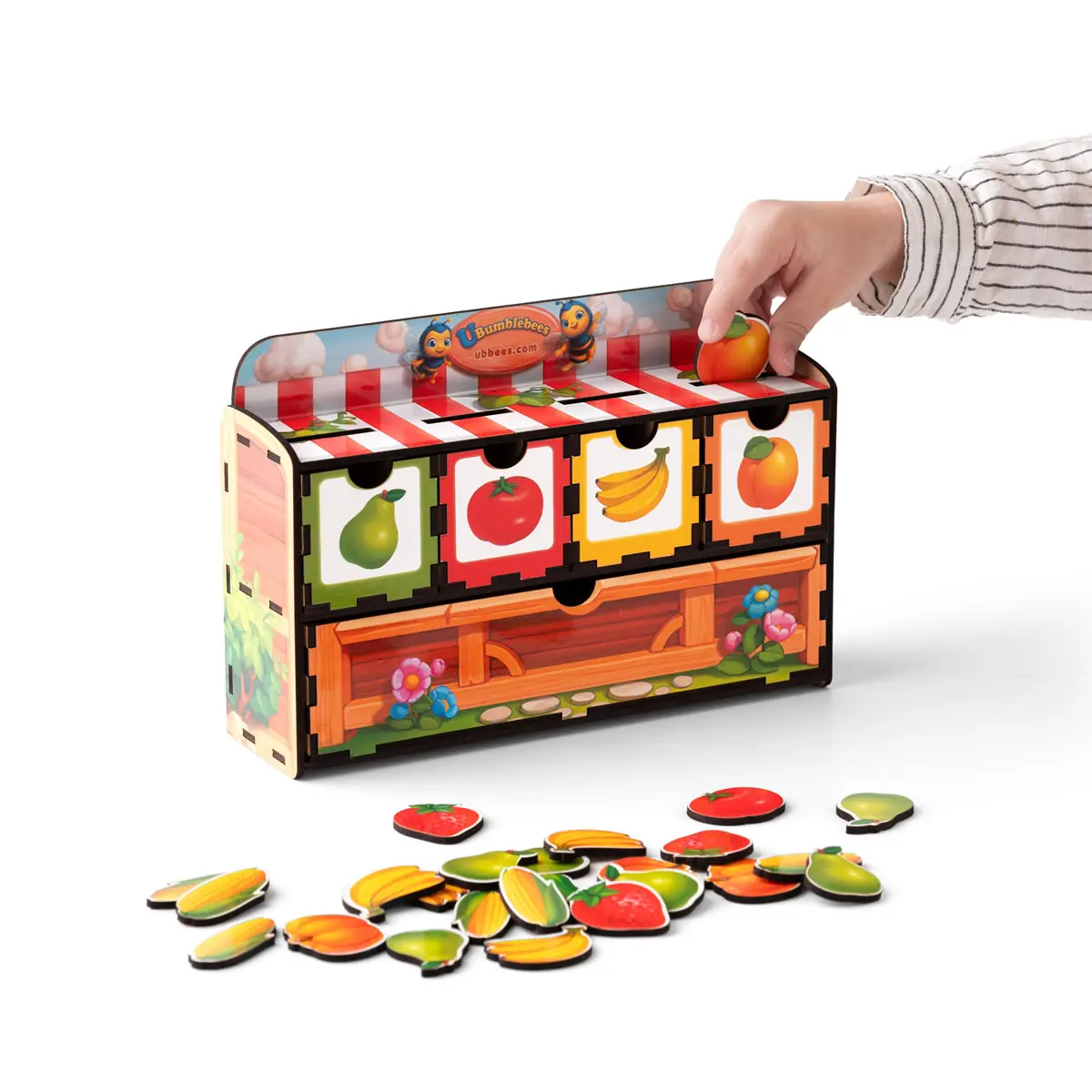 Дитяча розвиваюча гра Комодик – рахунок 2 (банан, абрикос, груша, полуниця, гарбуз, огірок, помідор, кукурудза) + 7 плашок для рахунку (Дерев'яний сортер)