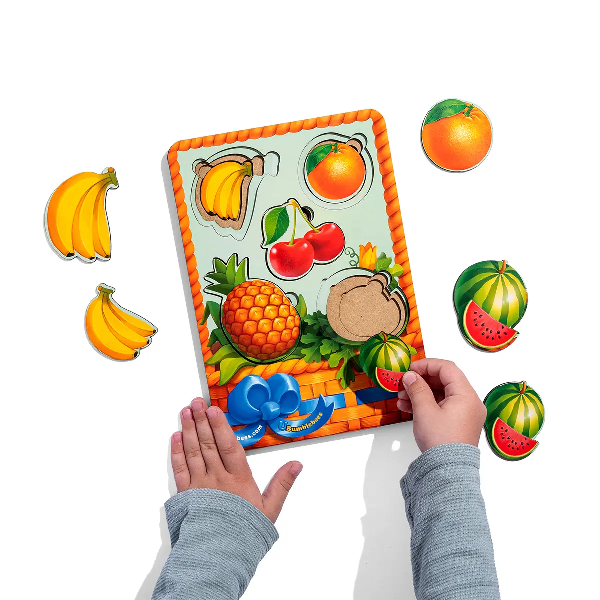 Дерев'яні пазли-вкладки більше чи менше "Кошик з фруктами - 1"