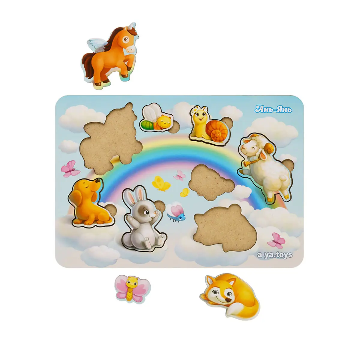 Маленька дерев'яна вкладка "Звірі на хмарах - 2" (Дерев'яні пазли для дітей)